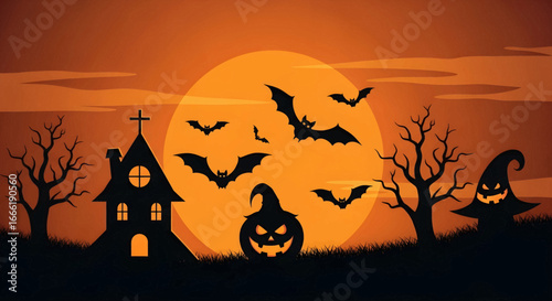 An enchanting Halloween night silhouette with Flying Bats Moon casting an eerie glow over a haunted house, spooky trees, and a grinning Jack-o'-lantern, perfect for festive celebrations