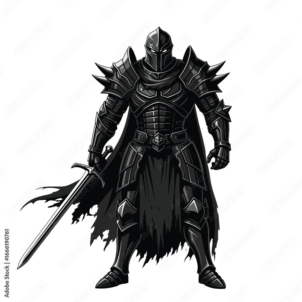 Obraz premium Vector art of a formidable medieval knight in full dark armor holding a sword, ready for battle