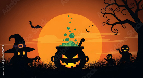 Halloween night witch's cauldron with smoke, orange moon, spooky figures, eerie tree silhouette