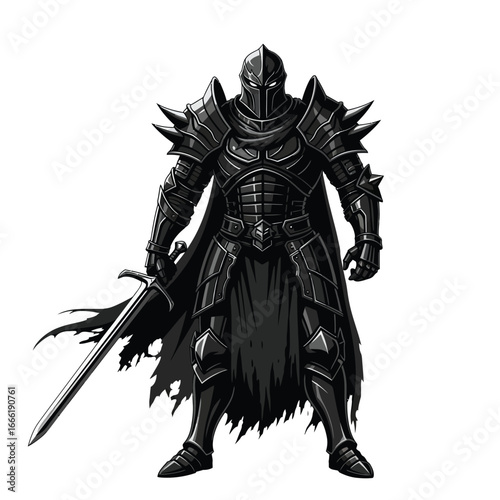 Vector art of a formidable medieval knight in full dark armor holding a sword, ready for battle