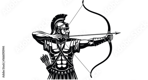 Illustration of an ancient warrior archer aiming a bow and arrow, isolated on white