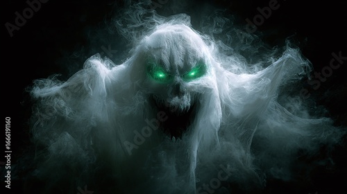 most sinister halloween ghost with huge teeth, glowing green eyes, smoke coming out of them on a dark background
