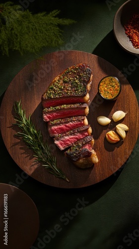 Grilled steak slices with herbs and spices on wooden plate  