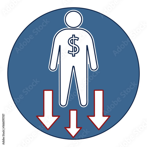 Silhouette of a man with a dollar symbol on the body and arrows pointing down