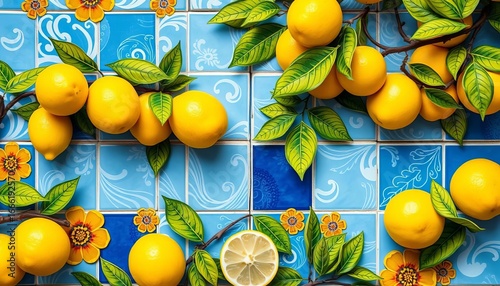 Bright yellow lemons & vibrant hand-painted ceramic tile, Amalfi Coast style,  object,  decoration