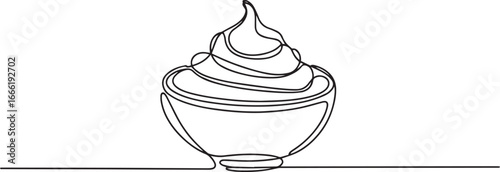 Minimalist continuous line art of whipped cream served in a bowl in simple black outline illustration for dessert concept