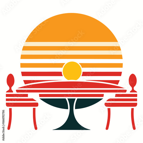 a table setting silhouette on retro stripe sun on .eps