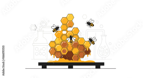 Busy bees working on a golden honeycomb dripping with honey. EPS Editable