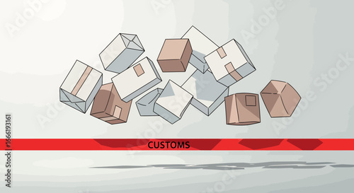 Cartoon illustration of parcels and boxes at a customs checkpoint. EPS Editable