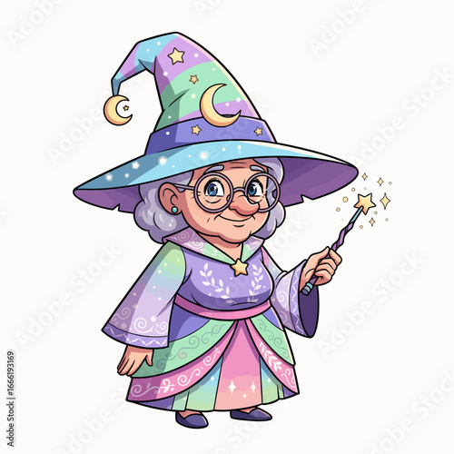 Charming Old Sorceress with Glasses and a Starry Hat. EPS Editable