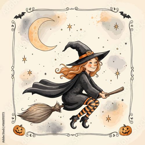 Charming Young Witch Flying on a Broomstick Under the Moon. EPS Editable
