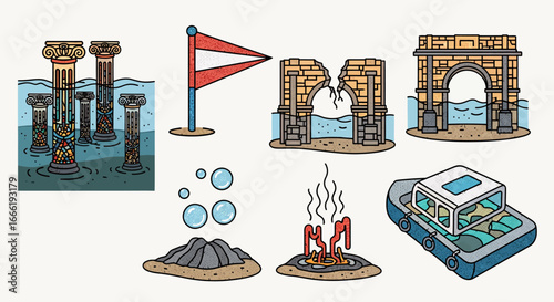 Collection of Sunken Ruins and Mystery Island Illustrations. EPS Editable