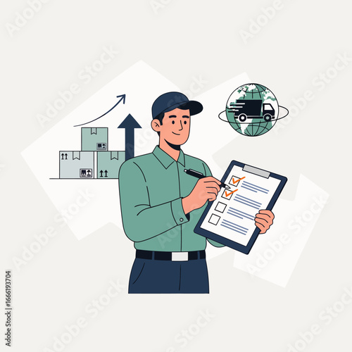 Logistics manager checking inventory with a clipboard for global shipping. EPS Editable