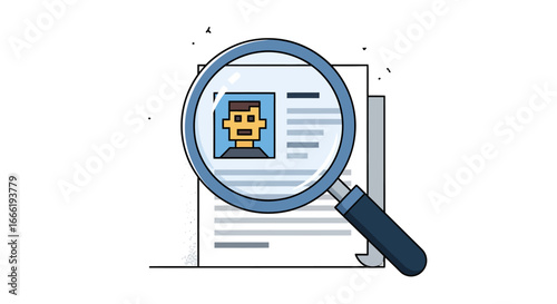Magnifying glass reviewing a candidate resume document illustration. EPS Editable