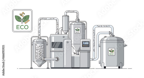 Schematic illustration of an eco friendly industrial biomass processing plant. EPS Editable