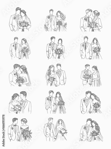 Set of handdrawn minimalist line art wedding couples Bride and groom sketches in romantic poses with bouquets. EPS Editable