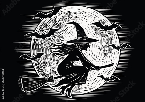 Spooky Halloween Witch Silhouette Flying Past a Full Moon. EPS Editable