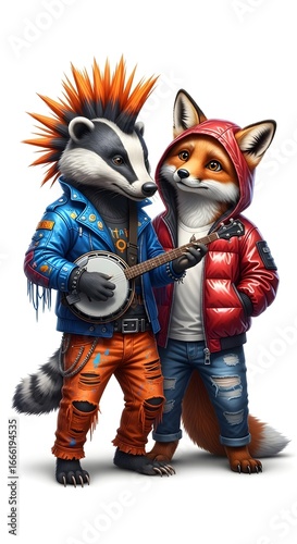 Anthropomorphic Badger and Fox Punk Rock Band Characters, Studio Portrait, Vibrant Outfits, Playing Banjo, Isolated on White