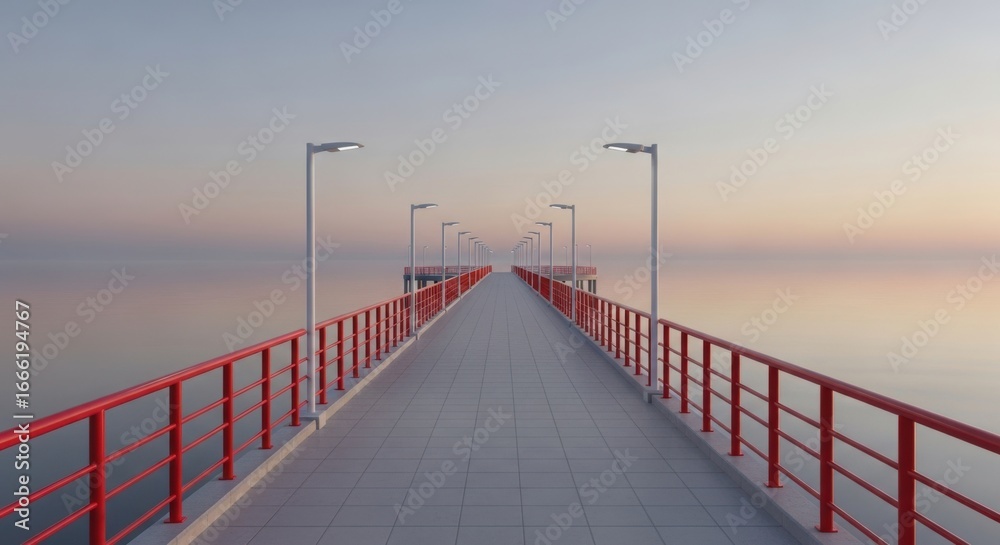 Obraz premium Long Pier with Red Railings Extending into a Calm Sea at Dusk