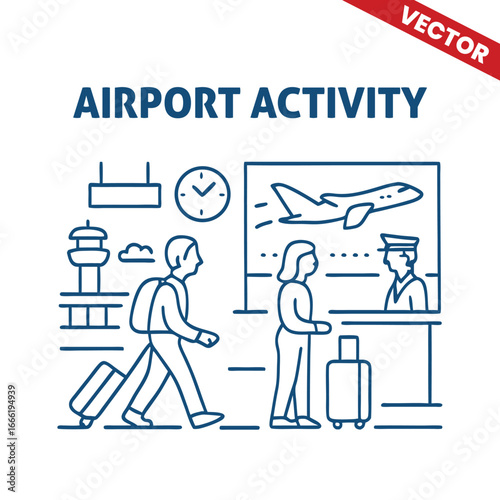 Airport activity with a passenger walking towards check-in counter with an airline staff at the desk, plane in the background, outline graphic illustration