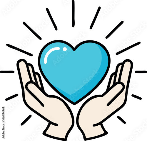 Two hands delicately hold a radiant blue heart against a clean white backdrop