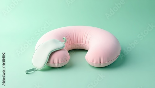 A soft, pale pink travel neck pillow and a mint green eye mask rest on a mint green background, presenting a minimalist and soothing travel or sleep aid concept.