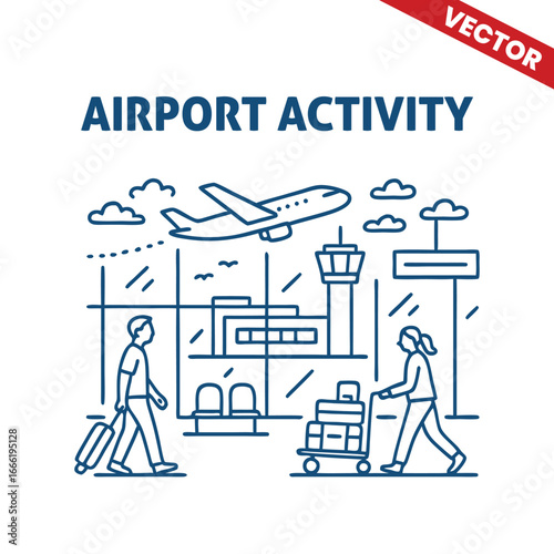 Travelers interacting with airport staff at check-in desk, airplane visible in the background, travel process illustration, outline graphic design