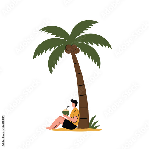 A person relaxing under a tropical palm tree, enjoying cool shade and a refreshing coconut drink in a vibrant 2D flat vector illustration style.