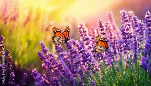 Amazing beautiful colorful natural scenery. Lavender flowers and two butterfly in rays of su.jpg