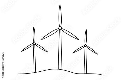 wind turbines on white background,
Renewable Energy Line Art – Continuous Wind Farm Vector Illustration