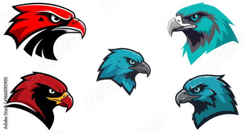 Collection of fierce eagle and hawk head logos in red and teal