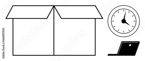 Open cardboard box, analog clock, and laptop design convey organization, time efficiency, and productivity goals. Ideal for logistics, planning, time tracking, remote work project management