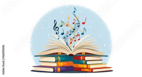 Colorful Musical Notes Erupting from Open Book Stacked on White Background