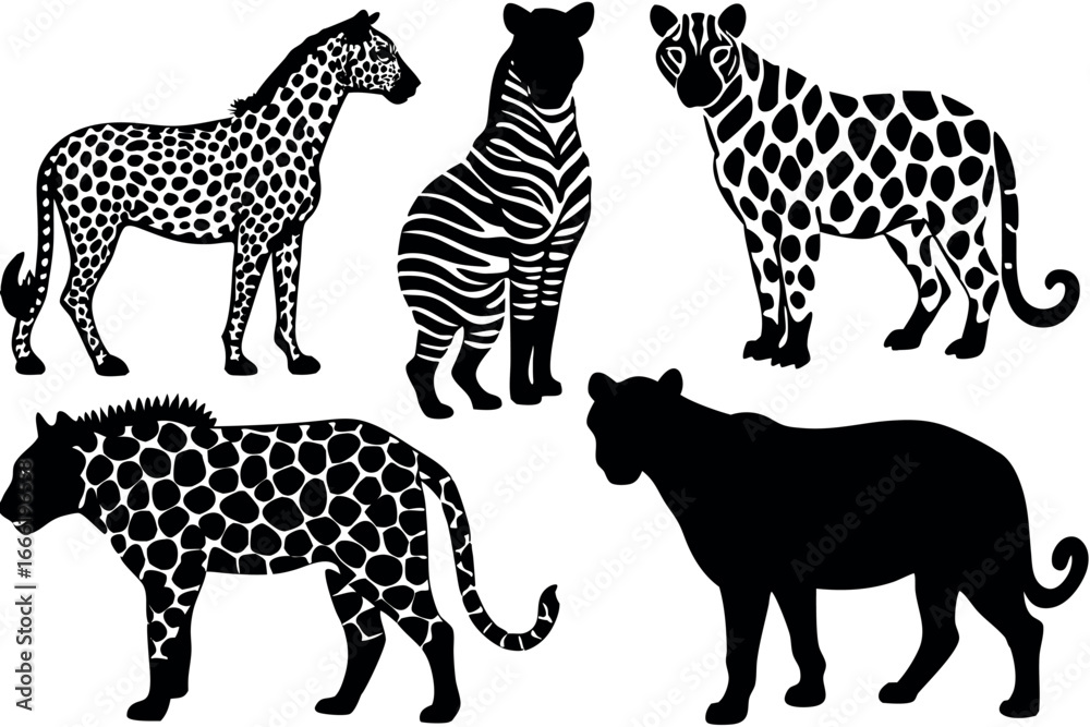 Fototapeta premium Silhouettes of african animals isolated on white background, vector illustration