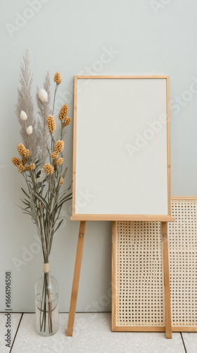 Elegant poster mockup with dried flowers in a serene interior setting
