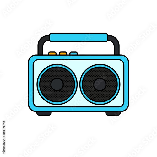A detailed illustration of a blue retro boombox with two speakers and a handle for easy carrying.