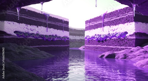 Surreal landscape of giant purple cake slices with purple water reflecting light, creating a fantasy-like scene.