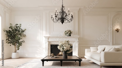 Elegant Bright Living Room with White Sofa Fireplace and Chandelier