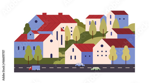 Geometric cityscape. City landscape, suburban district of town, village. Suburb with houses, residential buildings, cottages, road. Countryside architecture. Flat isolated vector illustration on white