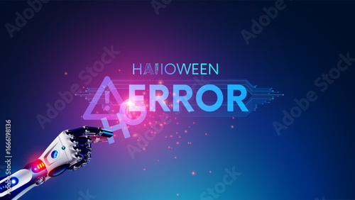 A poster for a Halloween themed party on artificial intelligence or AI, robots, computer technology. The robot hand changes the word error to the word horror. Horror party on Halloween in future style