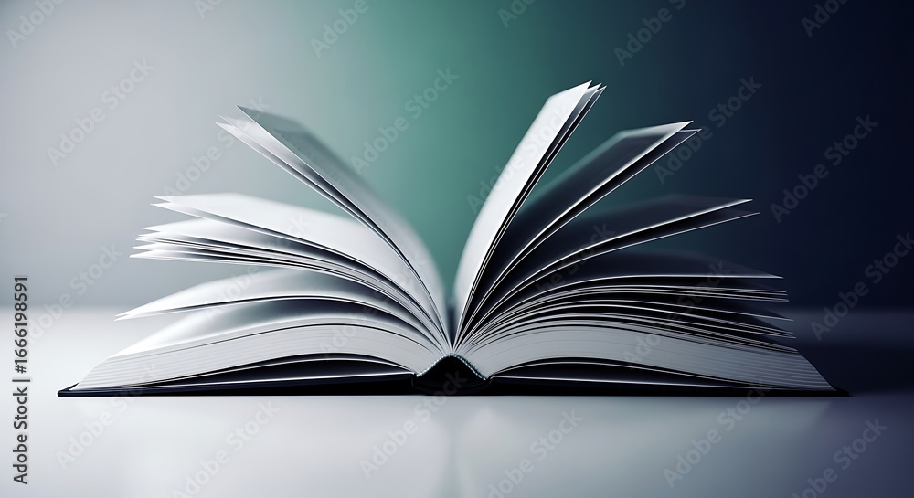 Fototapeta premium Open book with white pages against a gradient teal background, creating a sense of knowledge and learning.