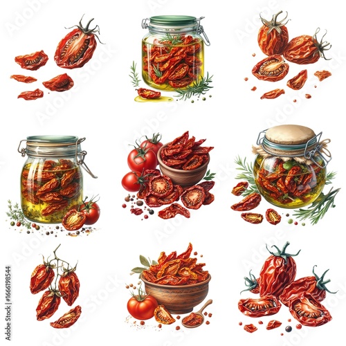 Watercolor Illustration Set – Six Sun-Dried Tomato Arrangements with Herbs and Background Elements
