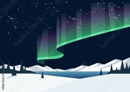 Aurora borealis over snow landscape with mountains and lake. Natural phenomenon illustration for travel and winter.