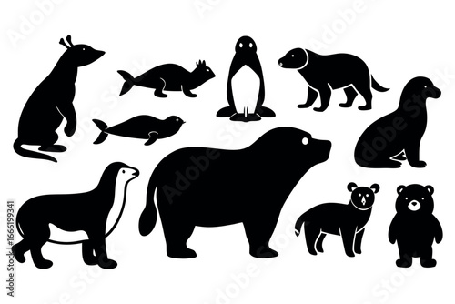 Set of arctic animal silhouettes isolated on white background for decoration