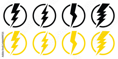 Lightning icon set, energy power sign, blitz lightnings symbol, vector illustration isolated on white background