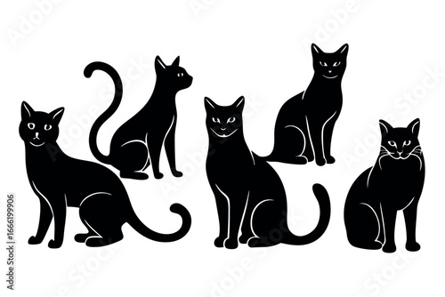 Collection of black cat silhouettes isolated on white background in vector