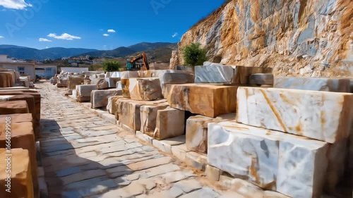A marble quarry displays its raw materials, showcasing the beauty and potential of natural stone for construction and design, highlighting its texture.