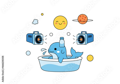 Adorable whale enjoying a bubble bath under a starry sky with cute planets and music speakers