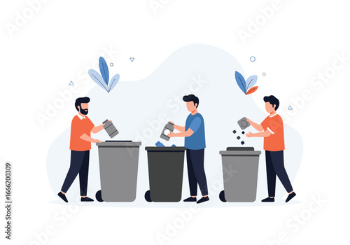 People sorting waste into different bins for recycling and disposal purposes illustration
