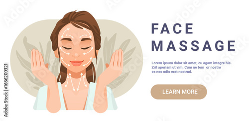 Face massage skincare woman relaxing self-care arrows showing facial massage directions spa wellness beauty treatment flat background banner